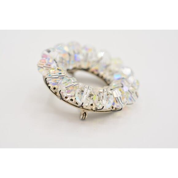 Vintage Crystal Pin Brooch Aurora Borealis AB Cluster Round Wreath 1980s Bin5B - Picture 9 of 12